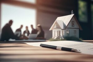 A young couple examines a blueprint and discusses features inside a modest, lived-in family home.